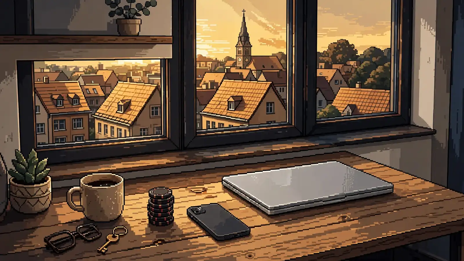 Schreibtisch mit geschlossenem Laptop, Smartphone und Spielchips im Abendlicht einer deutschen Wohnung