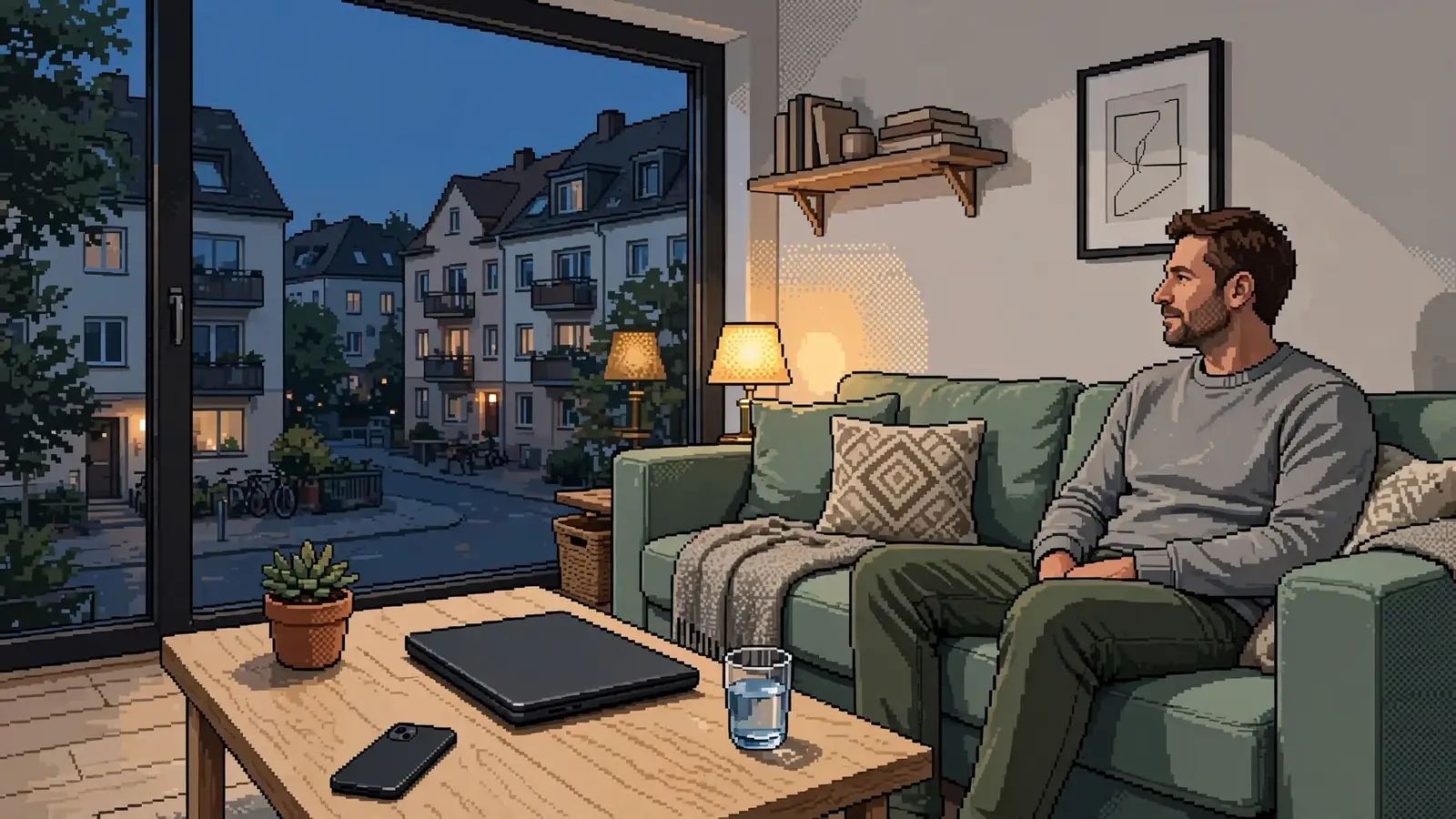 Moderne deutsche Wohnung mit Laptop und Smartphone auf dem Tisch bei warmem Lampenlicht.