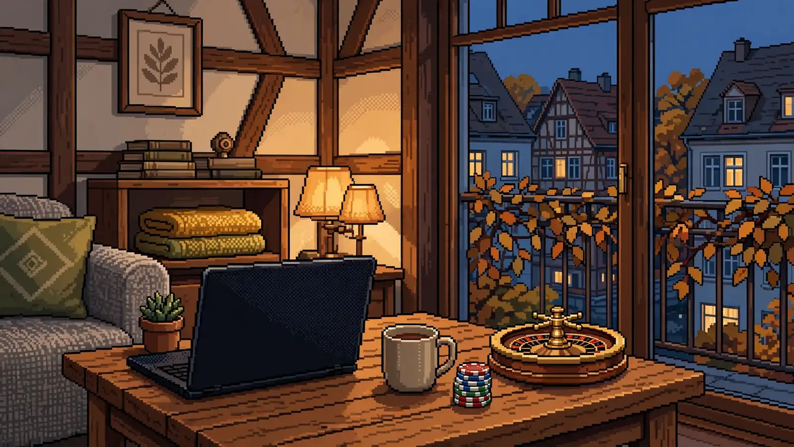 Gemütliches Wohnzimmer abends mit Laptop, Spielchips und Roulette-Rad auf dem Tisch.