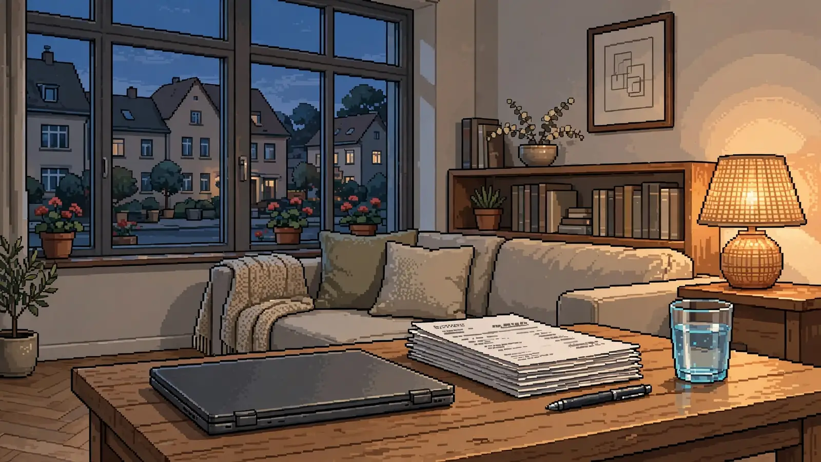 Abendliche Wohnung mit Laptop, Rechnungen und Stift auf dem Tisch.