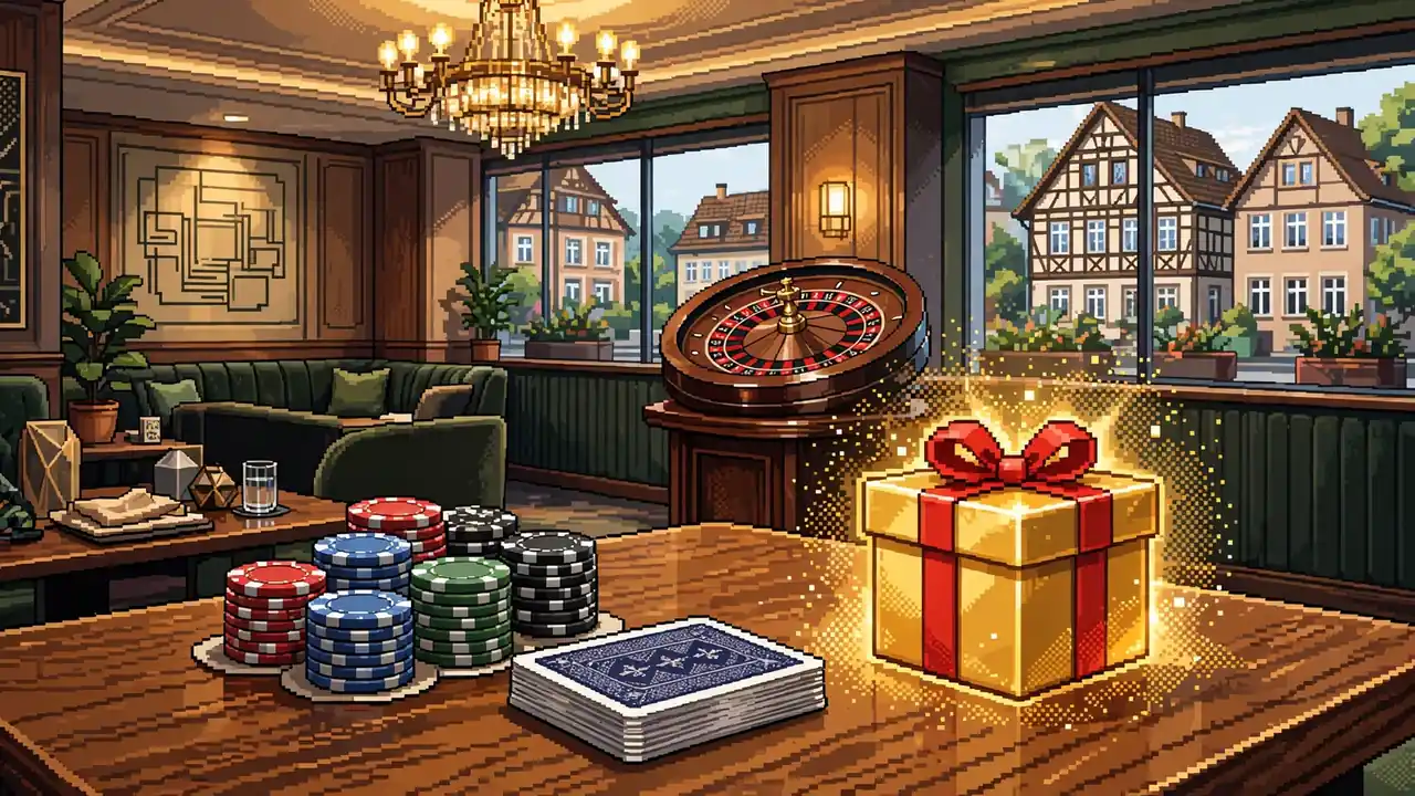 Modernes Casino-Lounge-Interieur mit Spielchips, Karten und Roulette-Rad, dazu eine leuchtende Geschenkbox als Bonus-Symbol.