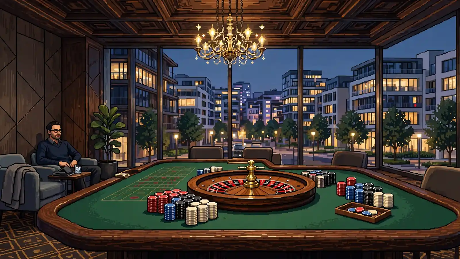 Modernes Casino mit Roulette-Tisch und Spielchips bei Abendlicht
