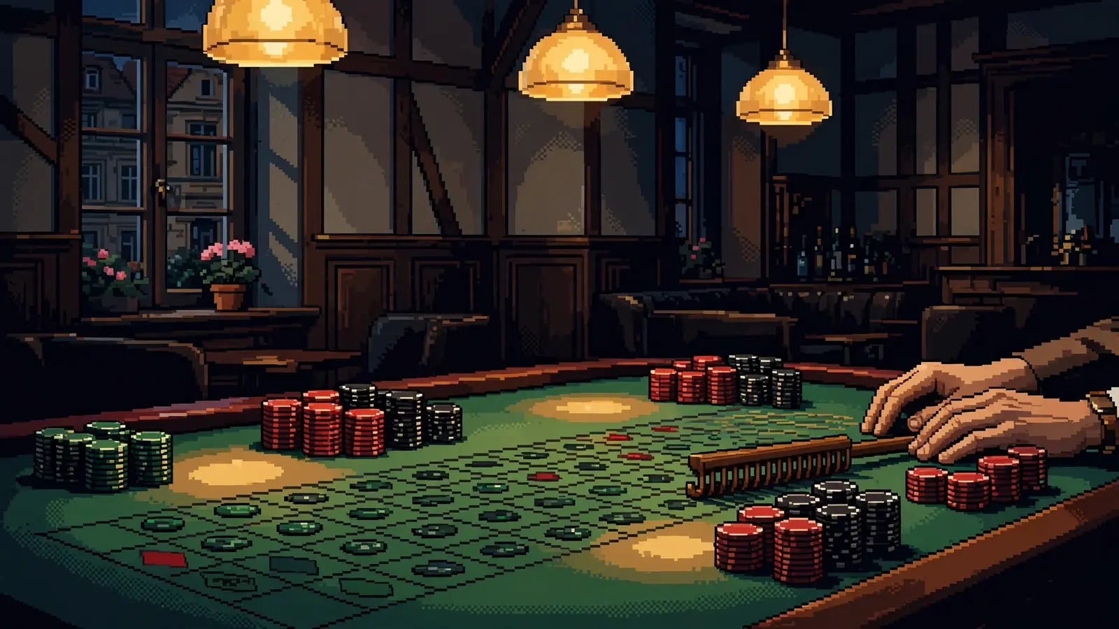 Stilvolle Casino-Lounge mit Rouletttisch, Chips und warmem Ambiente-Licht