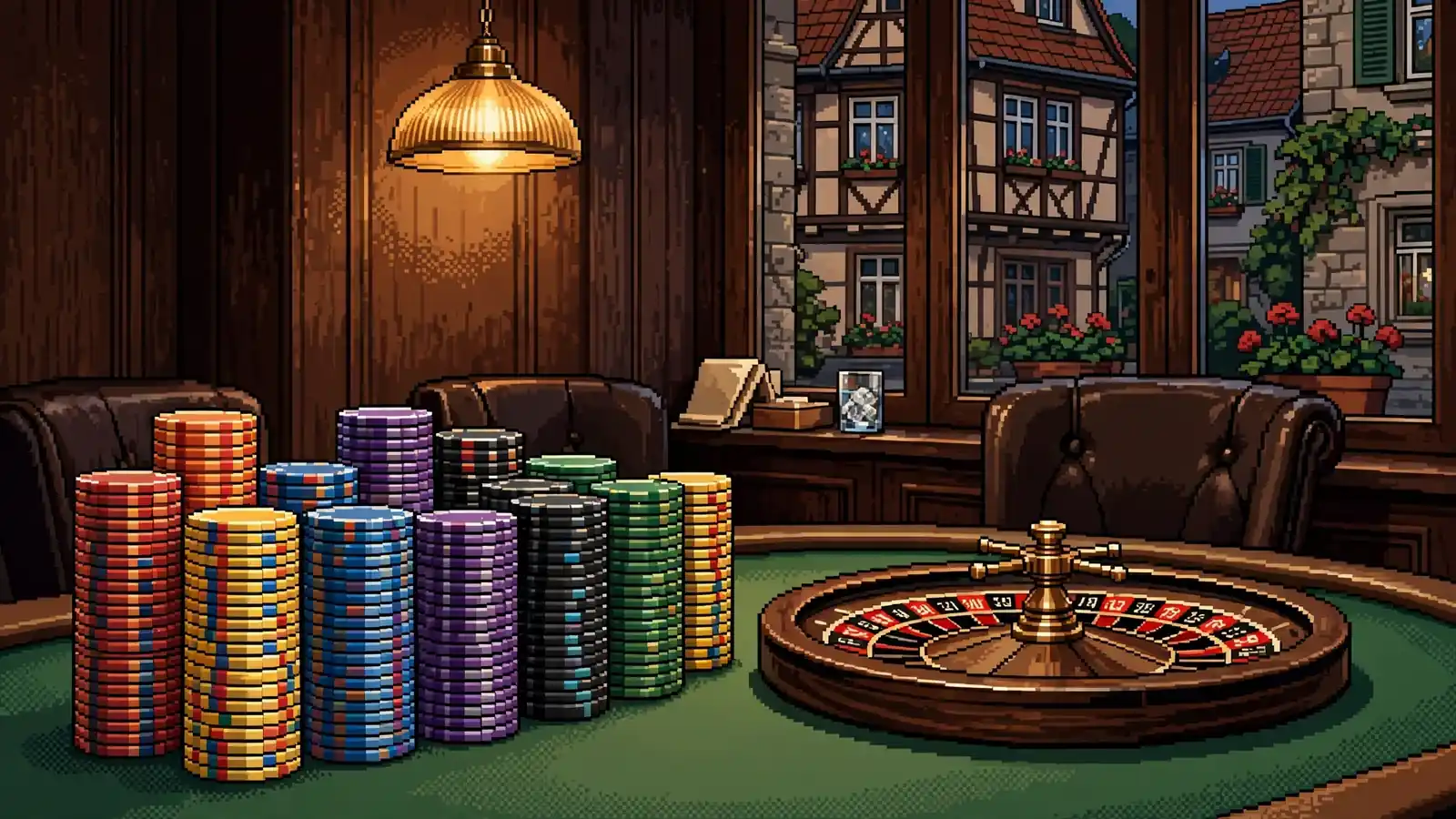 Stapel bunter Casino-Chips neben einem Roulette-Rad auf grünem Filz in gediegenem Spielsaal mit warmem Licht.