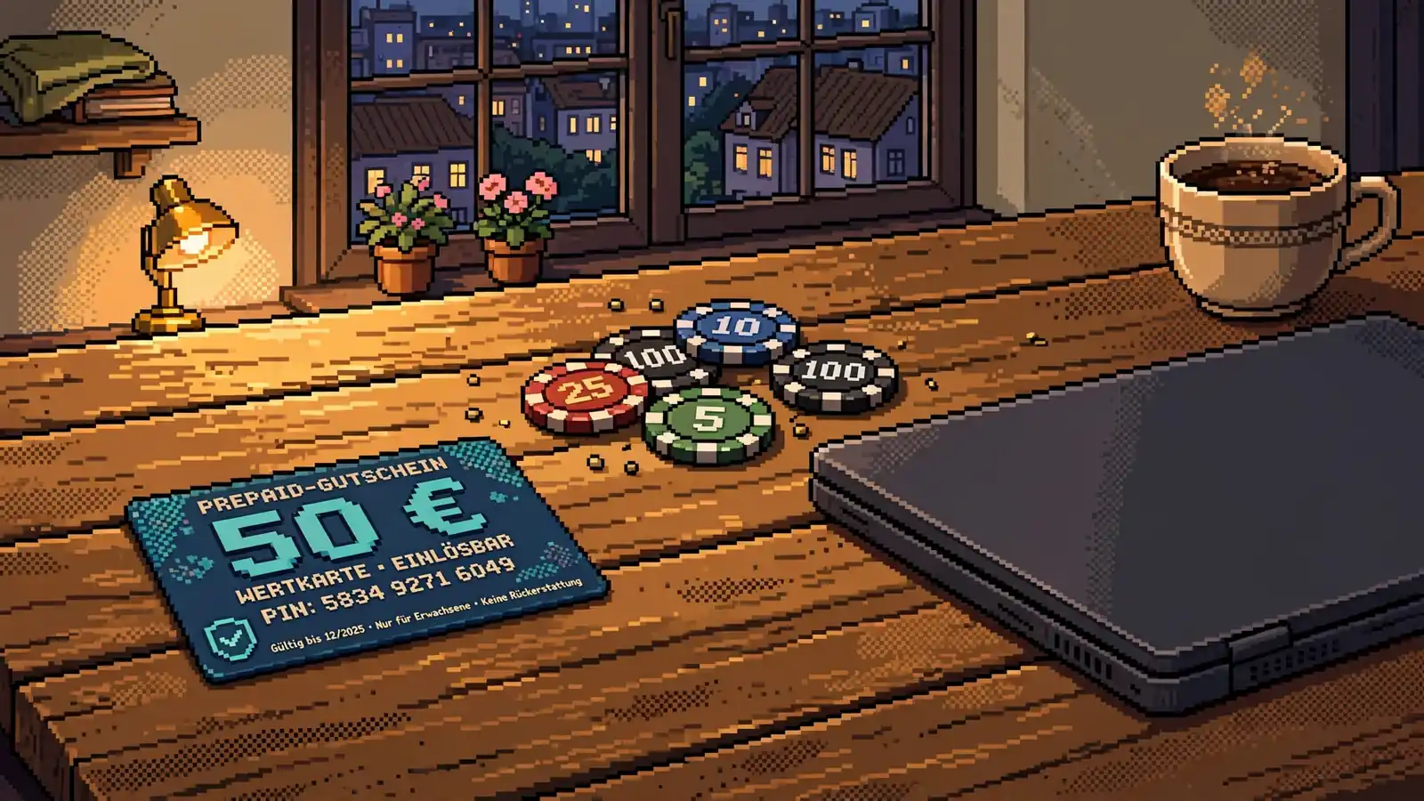 Aplauz-Gutschein auf einem Tisch neben Laptop und Casino-Chips