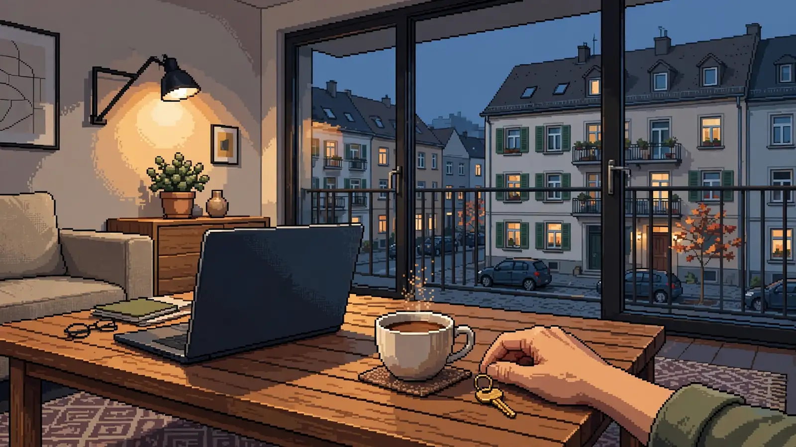 Abendlicher Blick in ein deutsches Wohnzimmer mit Laptop auf dem Couchtisch.