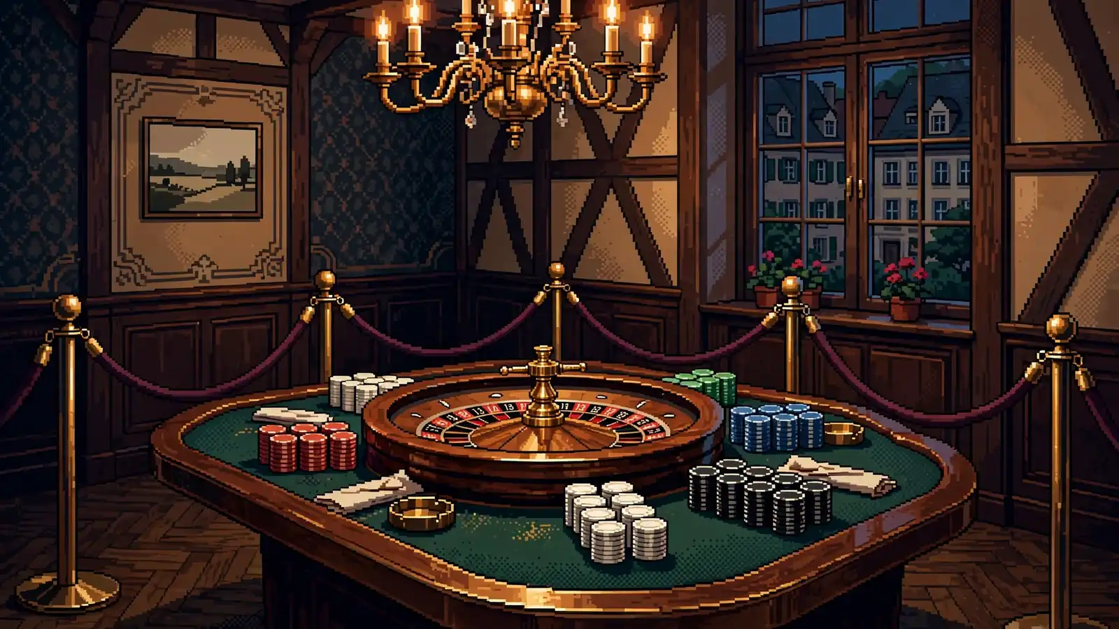 Eleganter Spieltisch, Roulette und gestapelte Chips in stimmungsvoller Casino-Atmosphäre.