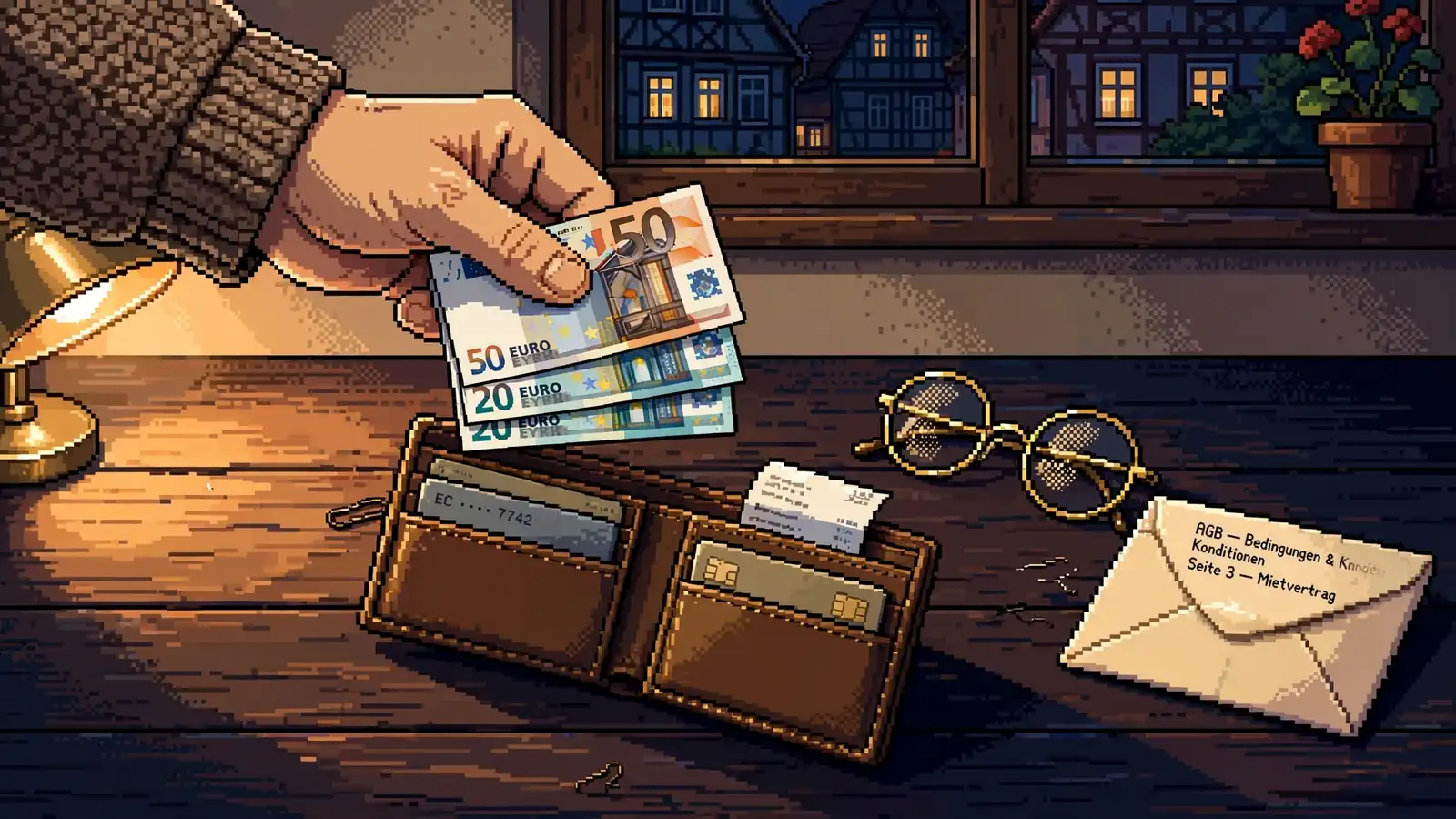 Hand mit Euro-Geldscheinen über offenem Portemonnaie auf Holztisch bei warmem Licht