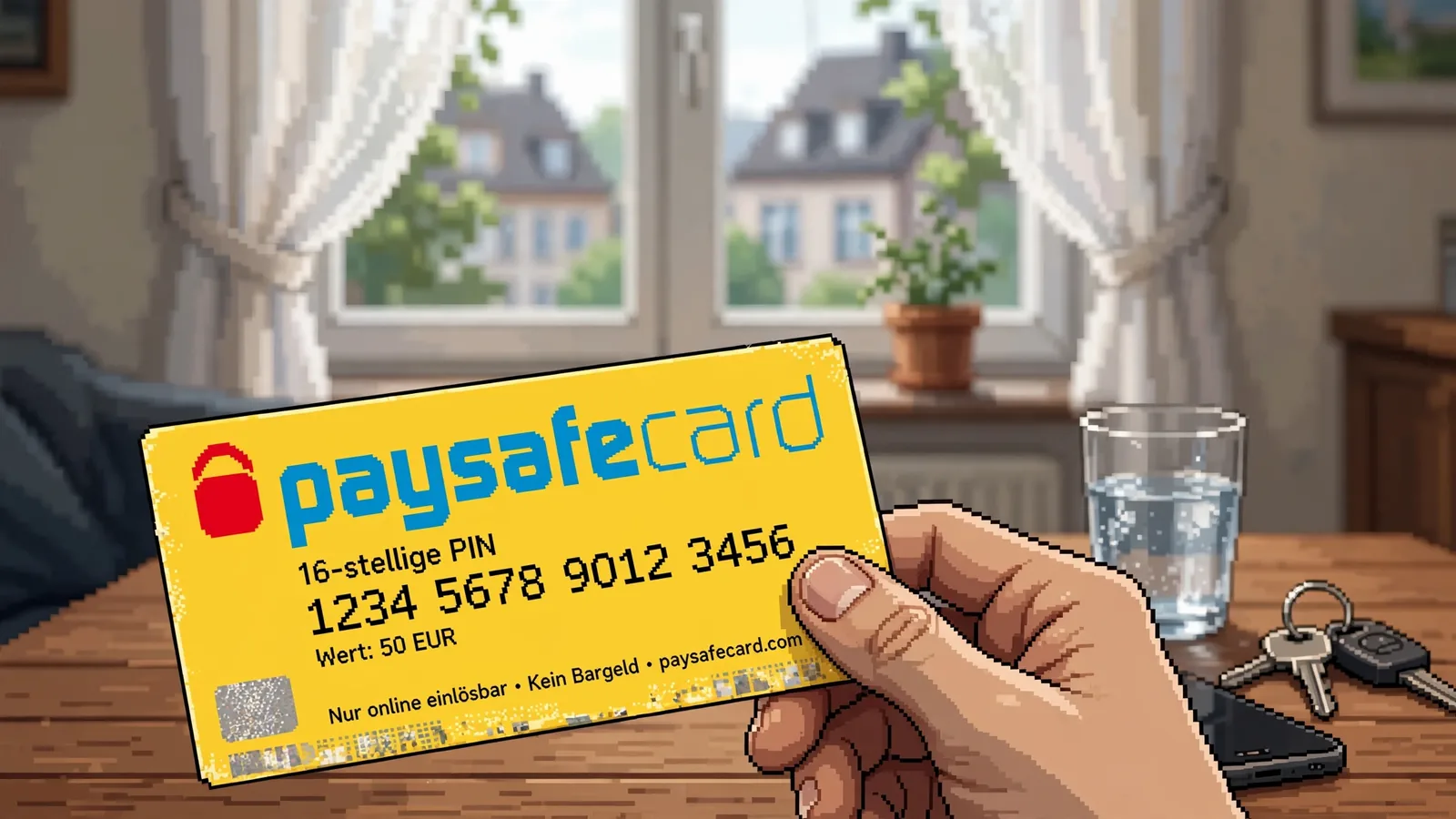 Hand mit gelbem Paysafecard-Gutschein auf einem Tisch zuhause