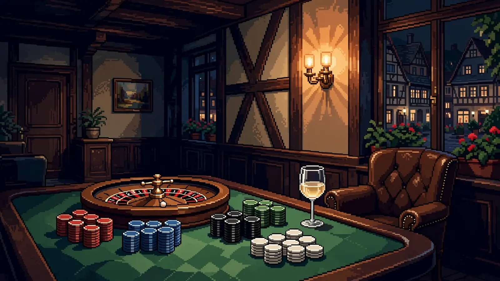 Stimmungsvolles Casino-Interieur mit Roulette und Spielchips