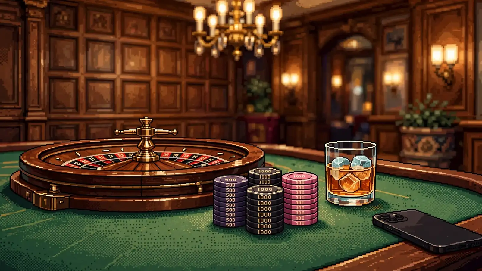 Roulette-Tisch mit Chips und Smartphone in einem deutschen Casino