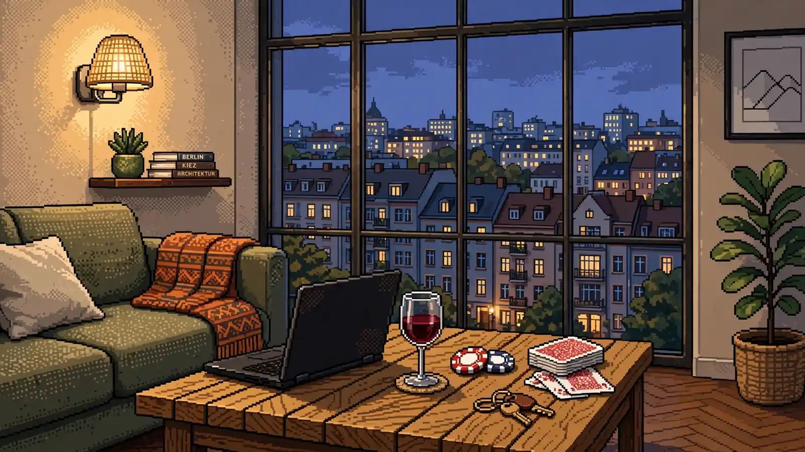 Gemütliches Wohnzimmer mit Laptop und Casino-Chips auf dem Tisch