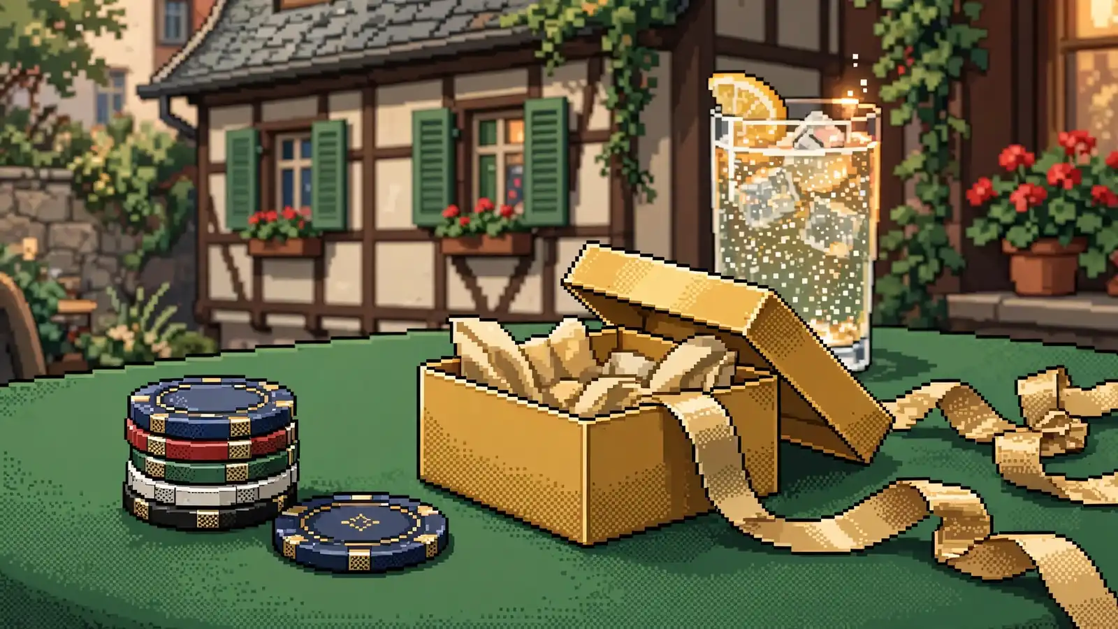 Casino-Chips neben einer offenen Geschenkbox auf grünem Filz-Tisch.
